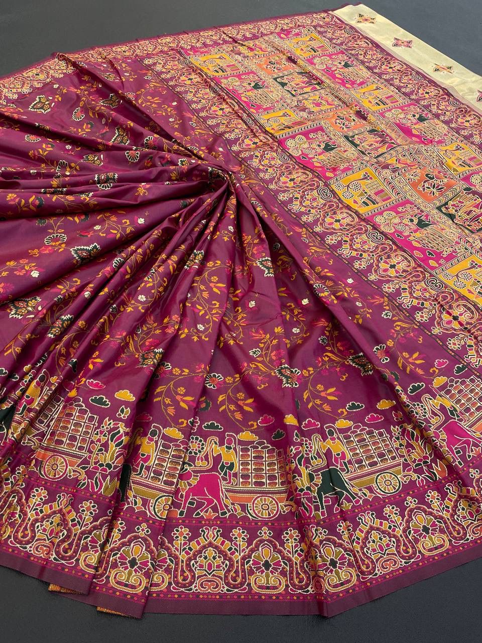 Barbara Wine Purple  Soft Silk Saree with Multicolor Traditional Print & Unstitched Blouse Piece