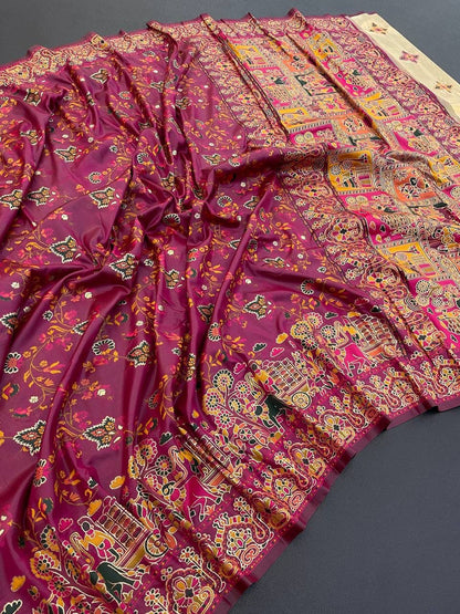 Barbara Wine Purple  Soft Silk Saree with Multicolor Traditional Print & Unstitched Blouse Piece