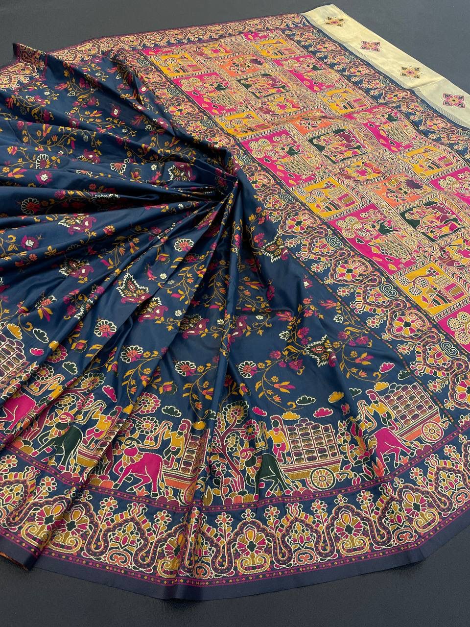 Barbara Navy Blue Soft Silk Saree with Multicolor Traditional Print & Unstitched Blouse Piece