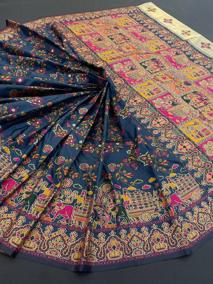 Barbara Navy Blue Soft Silk Saree with Multicolor Traditional Print & Unstitched Blouse Piece