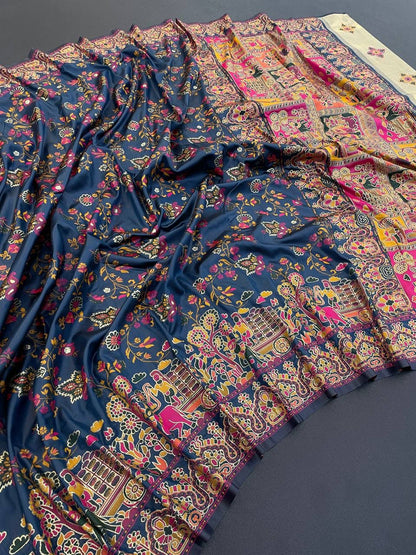 Barbara Navy Blue Soft Silk Saree with Multicolor Traditional Print & Unstitched Blouse Piece