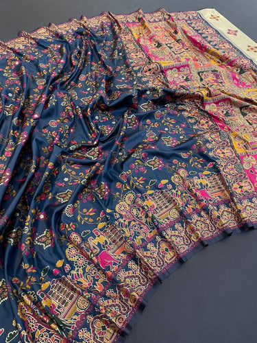 Barbara Navy Blue Soft Silk Saree with Multicolor Traditional Print & Unstitched Blouse Piece