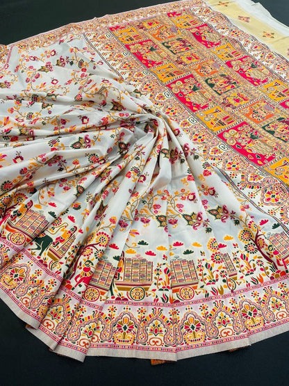 Barbara White Soft Silk Saree with Multicolor Traditional Print & Unstitched Blouse Piece