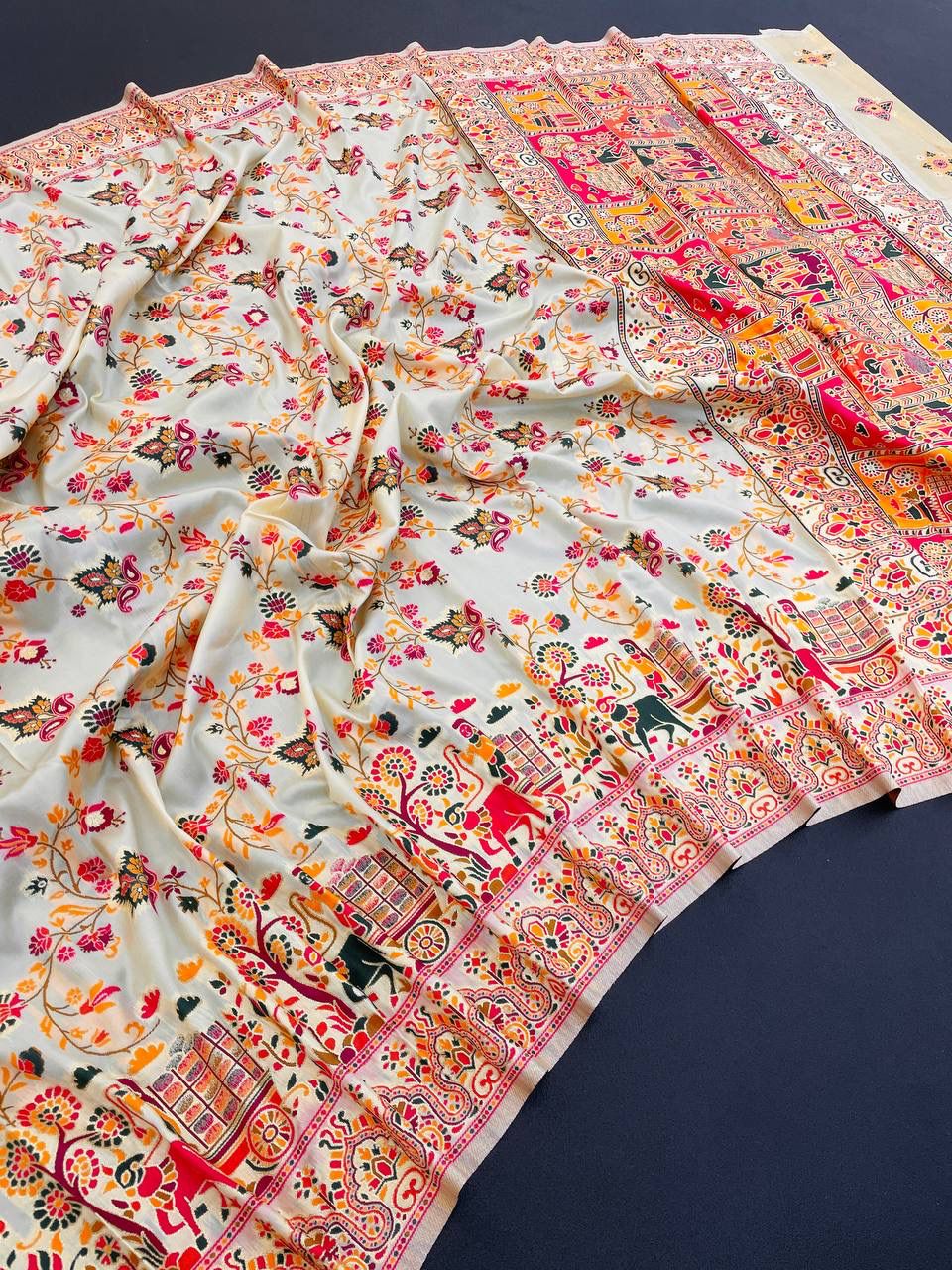 Barbara White Soft Silk Saree with Multicolor Traditional Print & Unstitched Blouse Piece