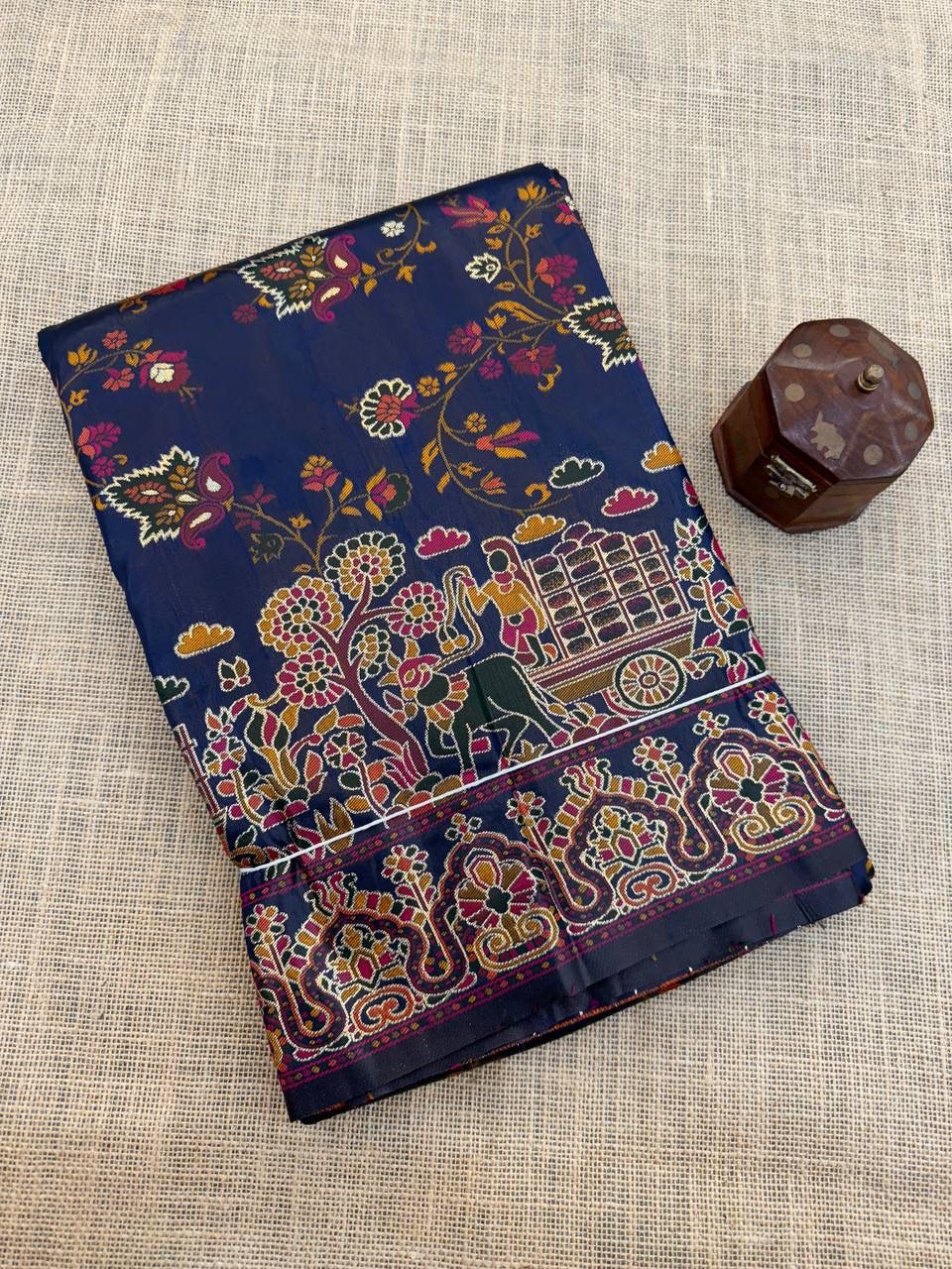 Barbara Navy Blue Soft Silk Saree with Multicolor Traditional Print & Unstitched Blouse Piece