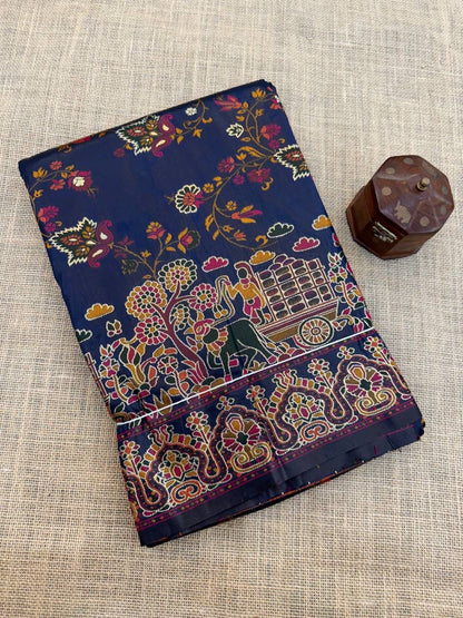 Barbara Navy Blue Soft Silk Saree with Multicolor Traditional Print & Unstitched Blouse Piece