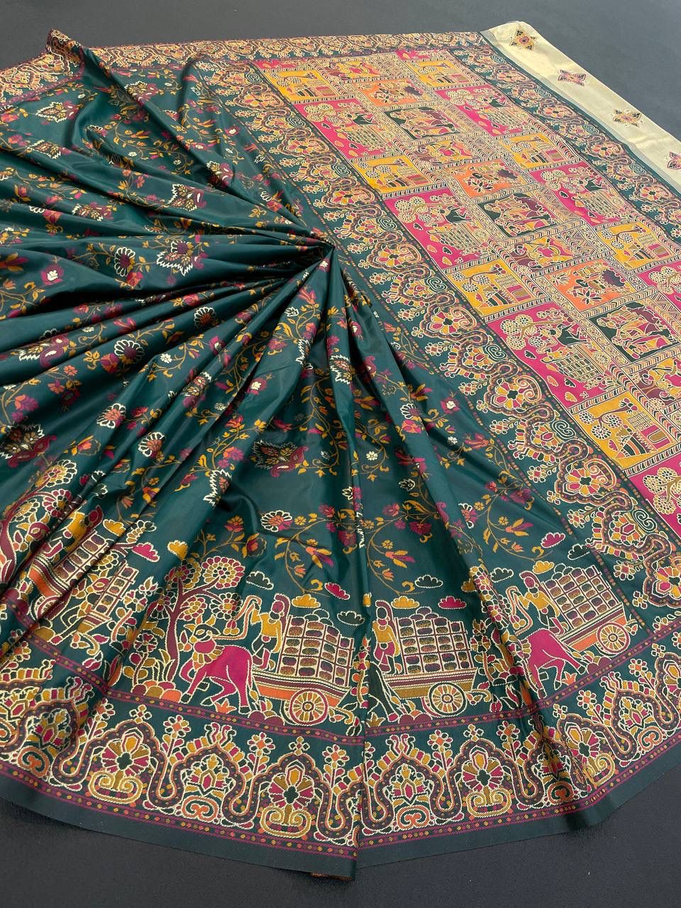 Barbara Green Soft Silk Saree with Multicolor Traditional Print & Unstitched Blouse Piece