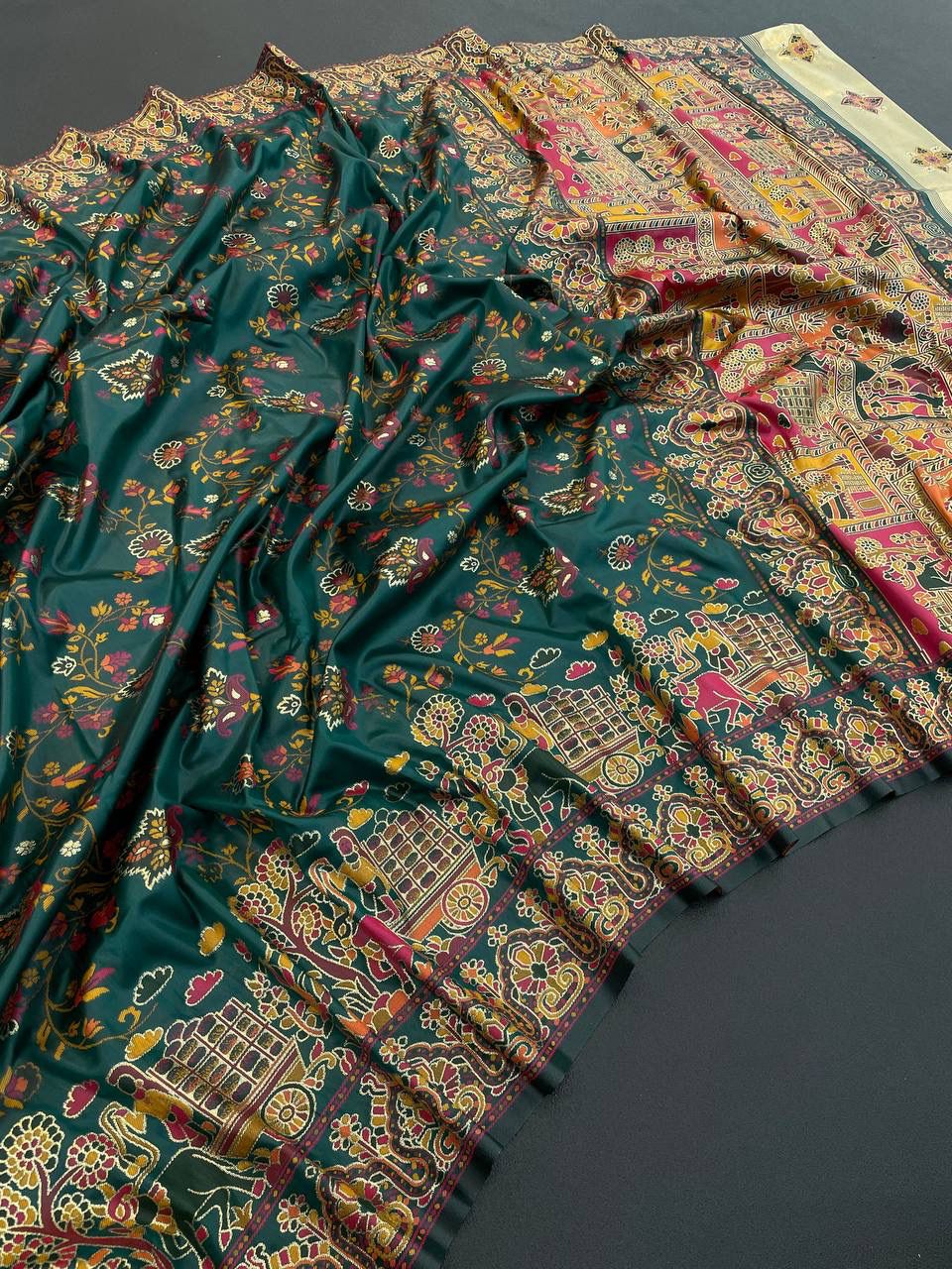 Barbara Green Soft Silk Saree with Multicolor Traditional Print & Unstitched Blouse Piece