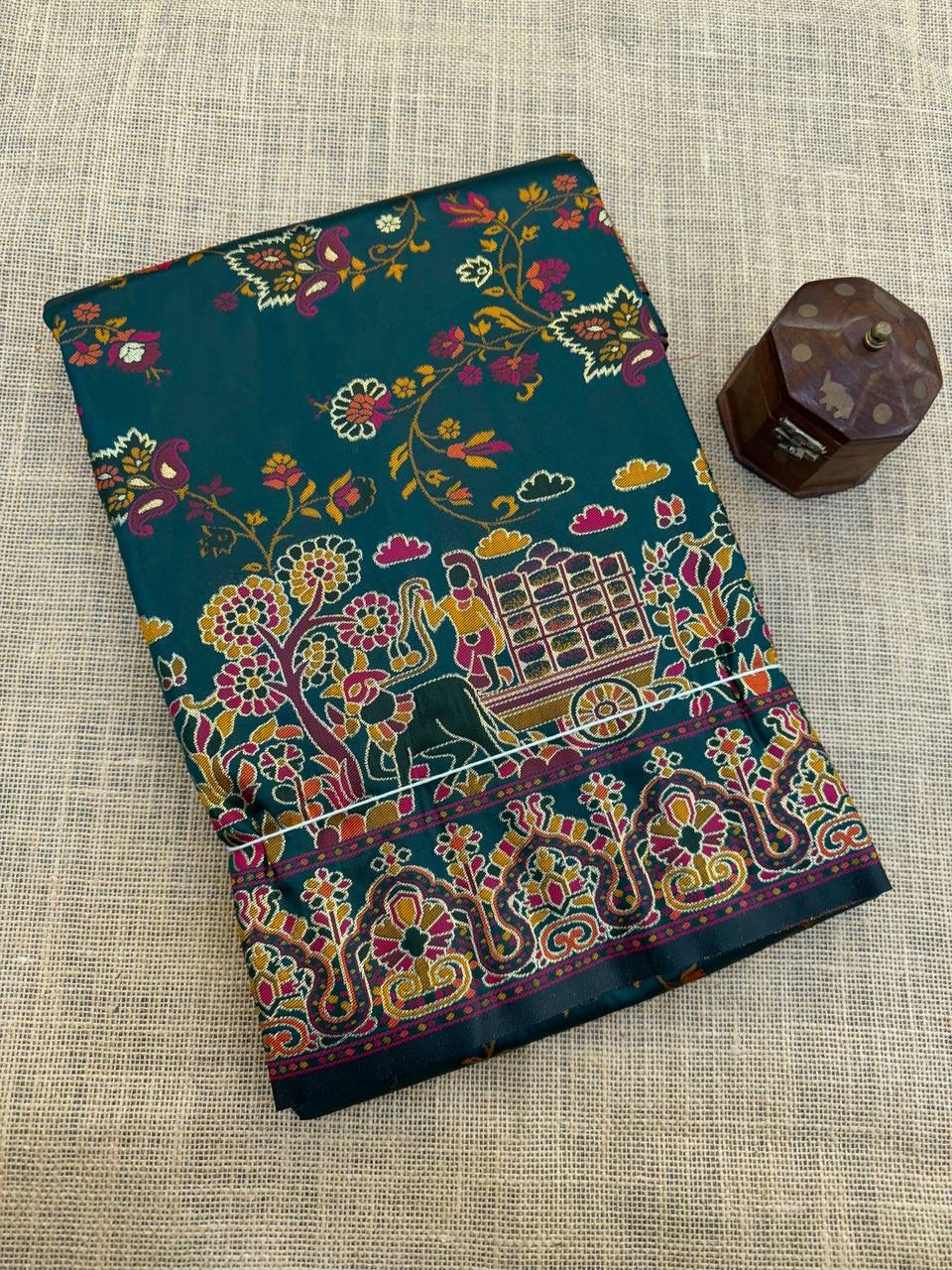 Barbara Green Soft Silk Saree with Multicolor Traditional Print & Unstitched Blouse Piece