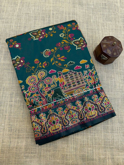 Barbara Green Soft Silk Saree with Multicolor Traditional Print & Unstitched Blouse Piece