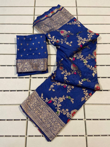 Abigail Dark Blue Soft Silk Floral Saree with Golden Jacquard Border & Unstitched Blouse Piece