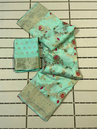 Abigail  Light Sea Green Soft Silk Floral Saree with Golden Jacquard Border & Unstitched Blouse Piece