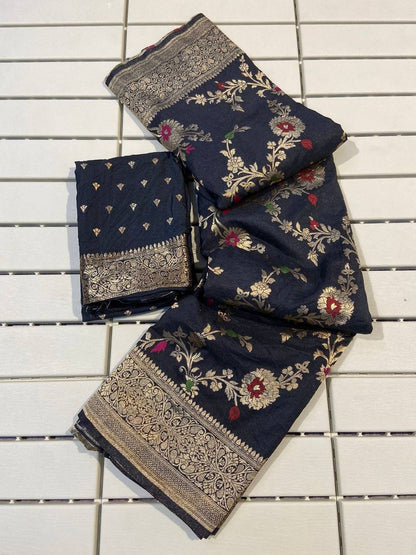 Abigail Black Soft Silk Floral Saree with Golden Jacquard Border & Unstitched Blouse Piece