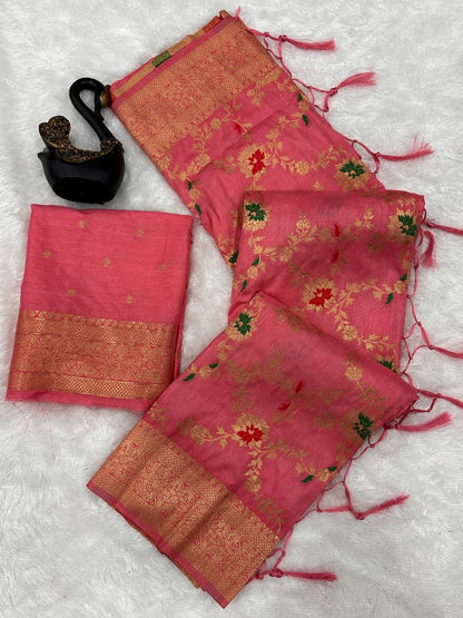 Abigail Rose Pink Soft Silk Floral Saree with Golden Jacquard Border & Unstitched Blouse Piece