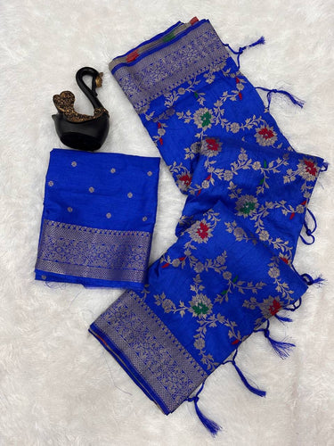 Abigail  Blue Soft Silk Floral Saree with Golden Jacquard Border & Unstitched Blouse Piece