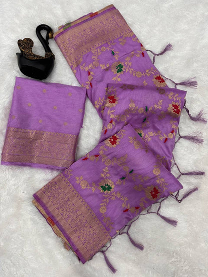 Abigail Lavender Soft Silk Floral Saree with Golden Jacquard Border & Unstitched Blouse Piece