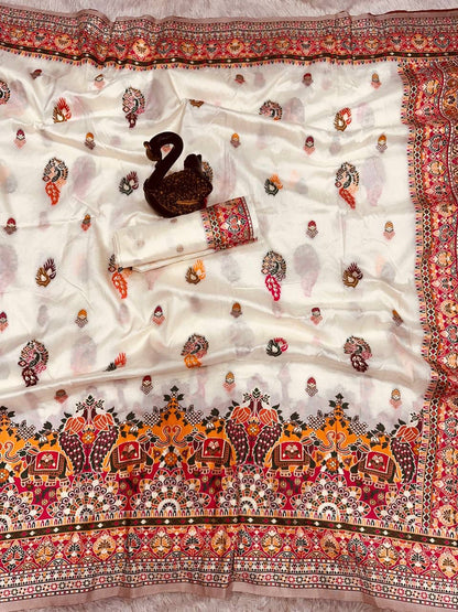 Bella White Soft Silk Saree with Multicolor Traditional Print & Designer Border