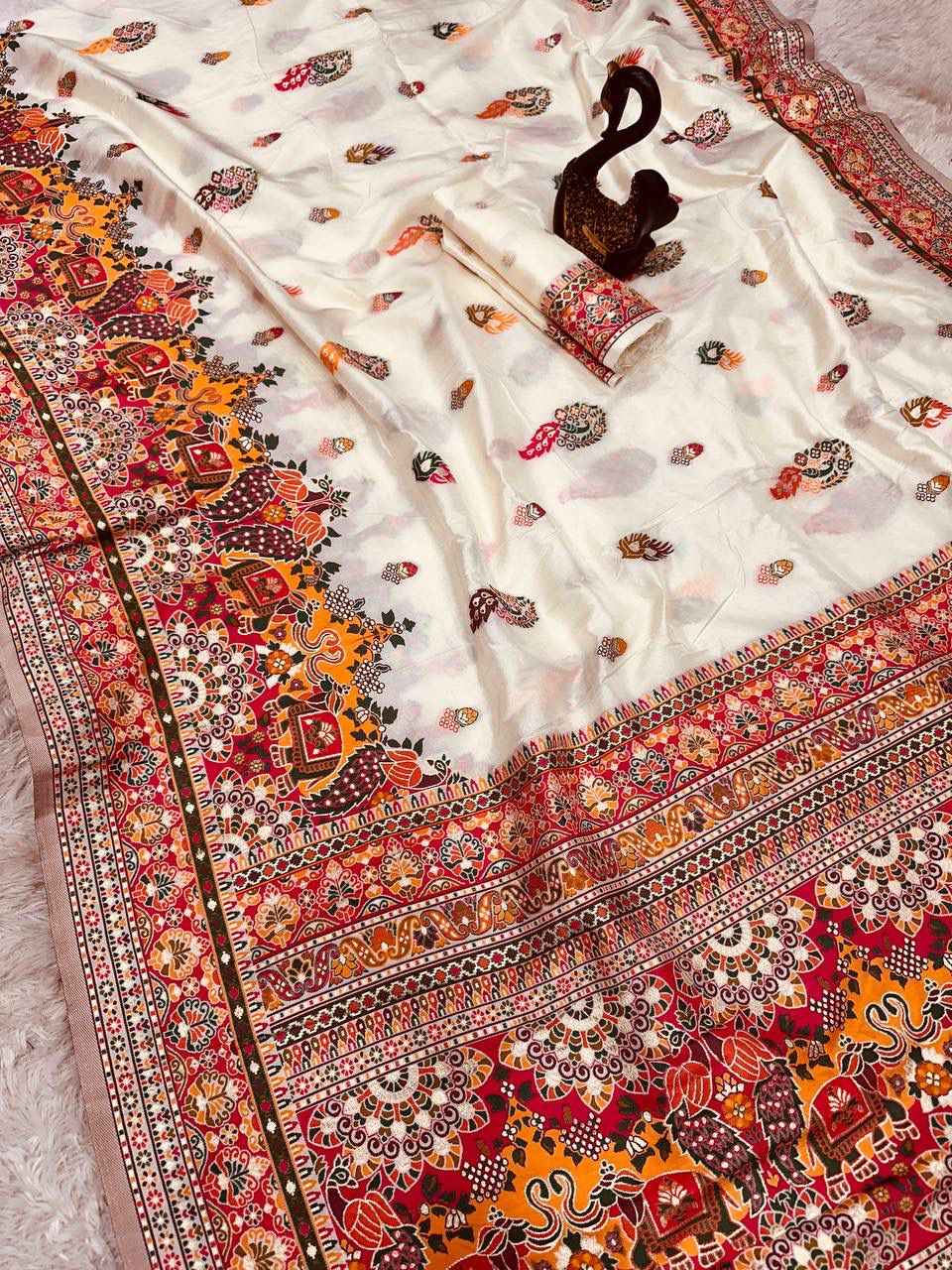 Bella White Soft Silk Saree with Multicolor Traditional Print & Designer Border