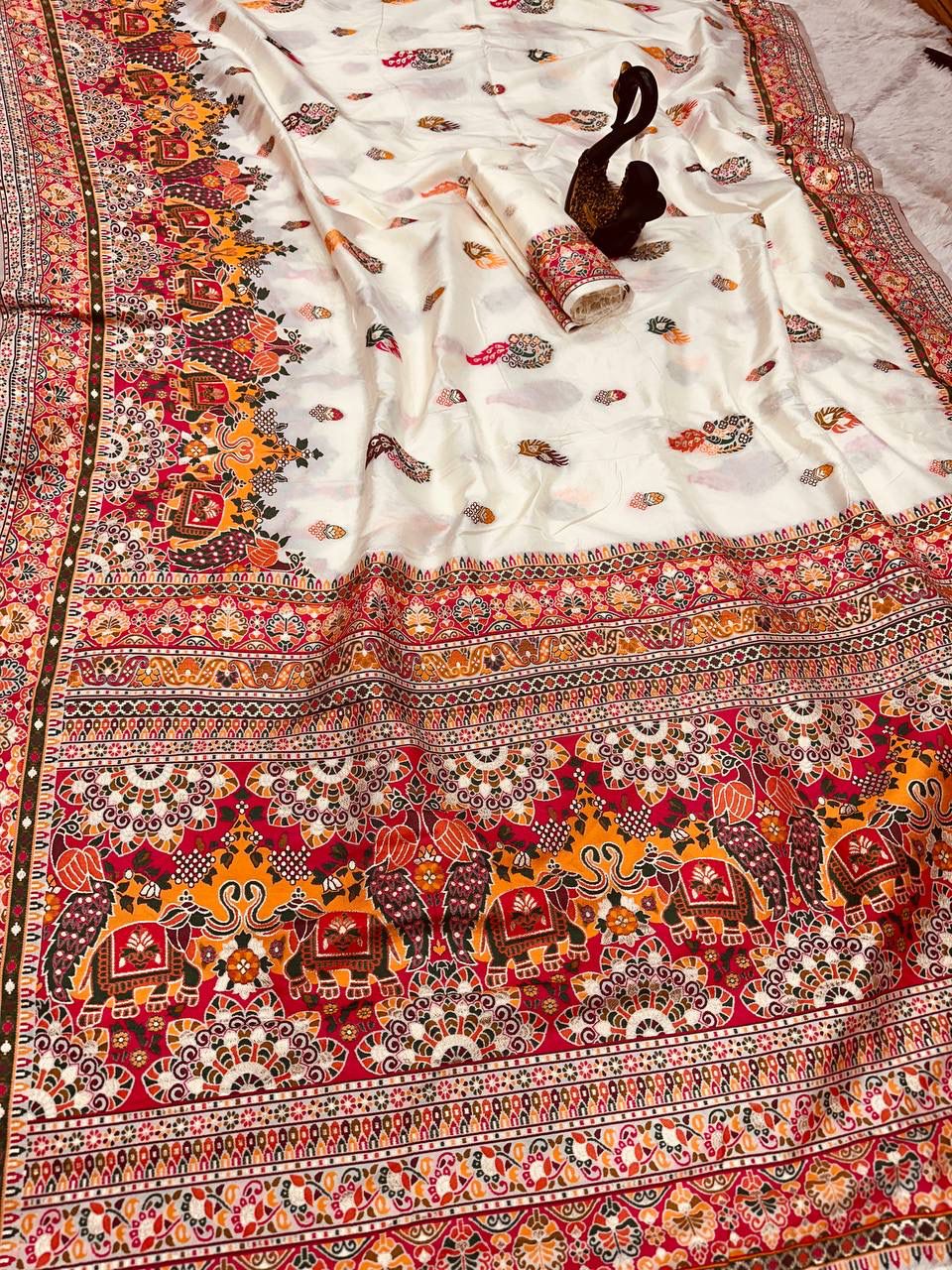 Bella White Soft Silk Saree with Multicolor Traditional Print & Designer Border