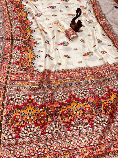 Bella White Soft Silk Saree with Multicolor Traditional Print & Designer Border