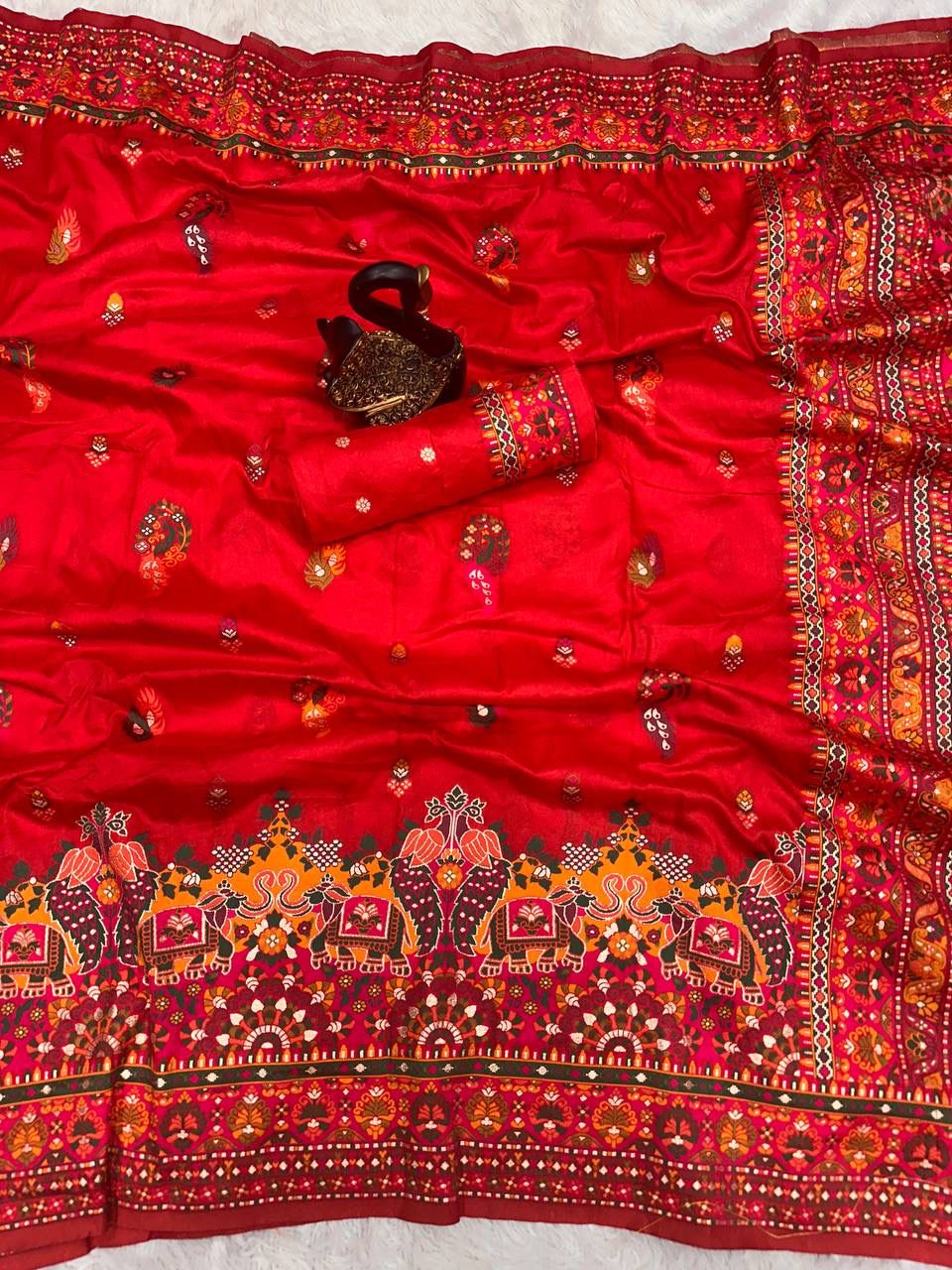 Bella Red Soft Silk Saree with Multicolor Traditional Print & Designer Border