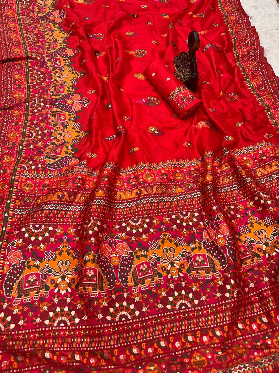 Bella Red Soft Silk Saree with Multicolor Traditional Print & Designer Border