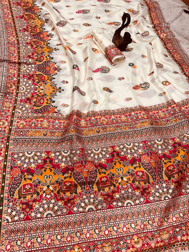 Bella White Soft Silk Saree with Multicolor Traditional Print & Designer Border
