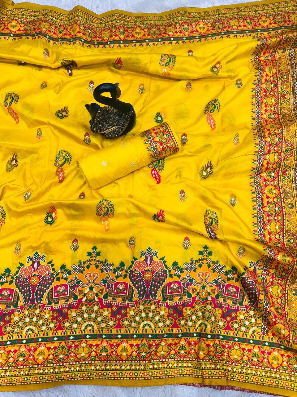 Bella Yellow Soft Silk Saree with Multicolor Traditional Print & Designer Border
