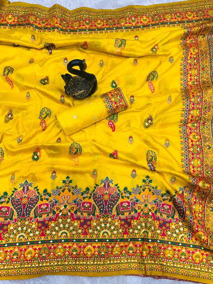 Bella Yellow Soft Silk Saree with Multicolor Traditional Print & Designer Border