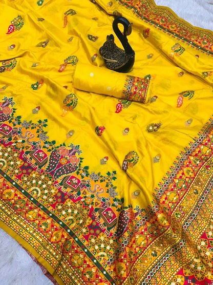 Bella Yellow Soft Silk Saree with Multicolor Traditional Print & Designer Border