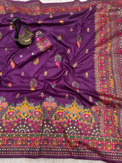 Bella Purple Soft Silk Saree with Multicolor Traditional Print & Designer Border