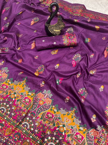 Bella Purple Soft Silk Saree with Multicolor Traditional Print & Designer Border