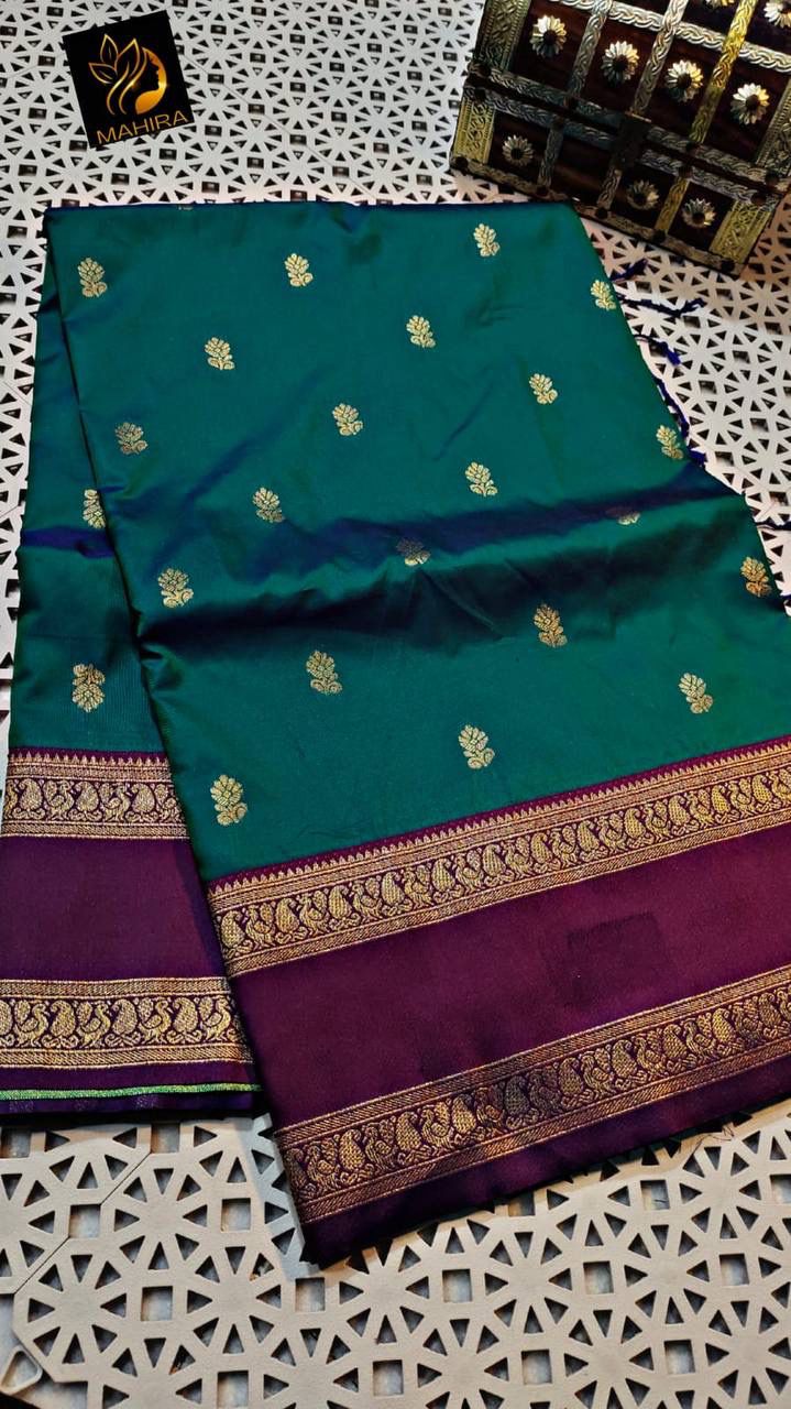 Faith Teal Green Soft Silk Saree with Purple Golden Jacquard Border & Unstitched Blouse Piece