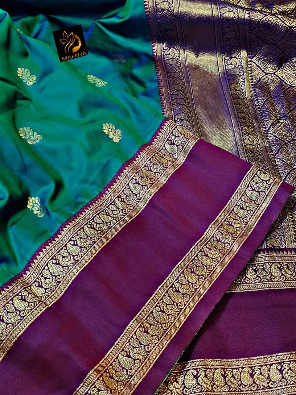 Faith Teal Green Soft Silk Saree with Purple Golden Jacquard Border & Unstitched Blouse Piece