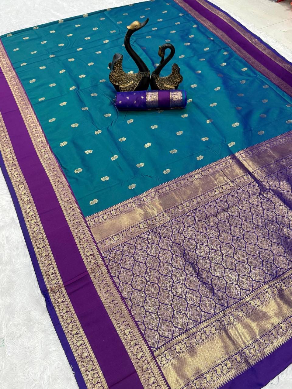 Faith Teal Green Soft Silk Saree with Purple Golden Jacquard Border & Unstitched Blouse Piece
