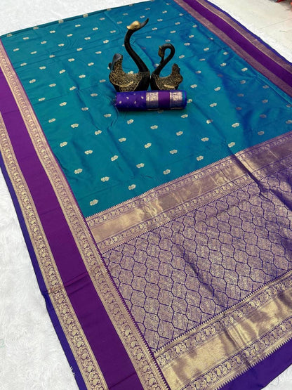 Faith Teal Green Soft Silk Saree with Purple Golden Jacquard Border & Unstitched Blouse Piece