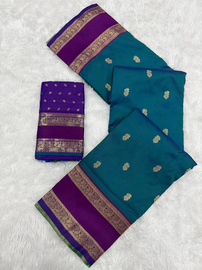 Faith Teal Green Soft Silk Saree with Purple Golden Jacquard Border & Unstitched Blouse Piece