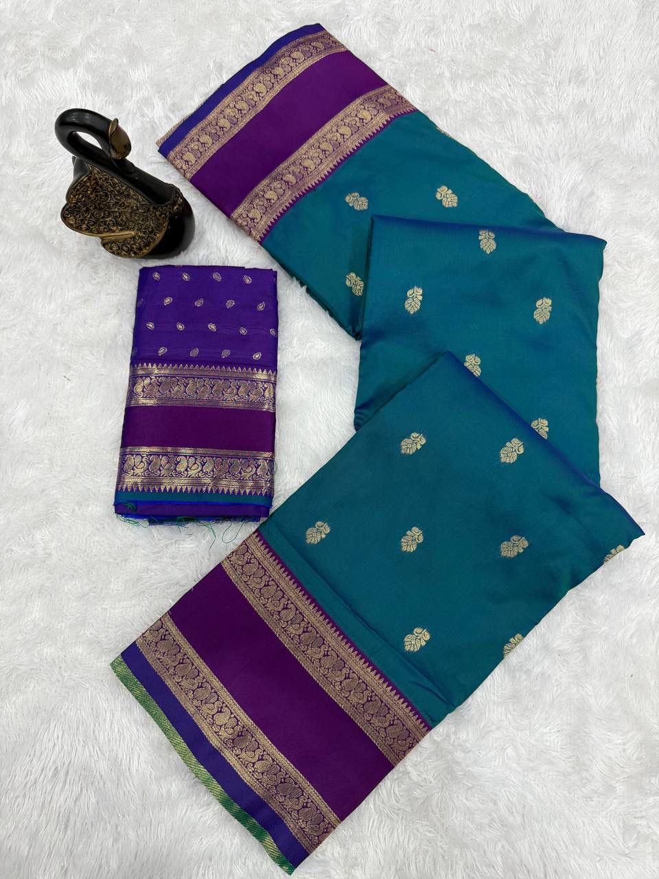 Faith Teal Green Soft Silk Saree with Purple Golden Jacquard Border & Unstitched Blouse Piece