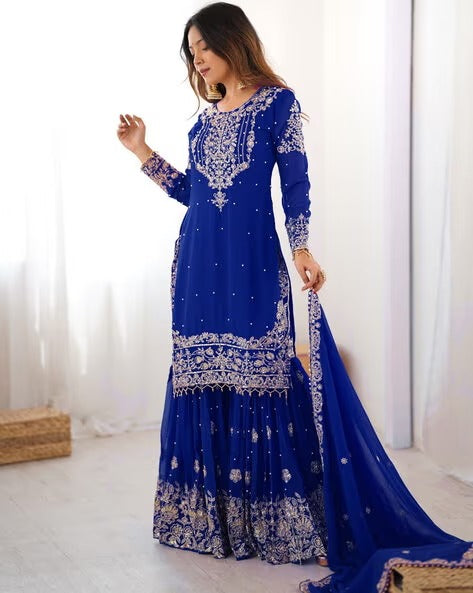 Designer Heavy Embroidered Kurta Sharara Suit Set with Dupatta | 10 Color Options