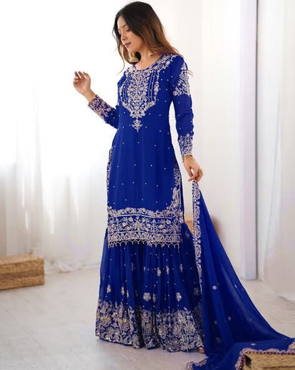 Designer Heavy Embroidered Kurta Sharara Suit Set with Dupatta | 10 Color Options