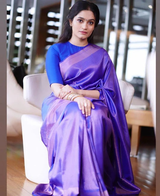 Bindu Taffy Blue Soft Banarasi Silk Saree With Blouse Attached - ABHA