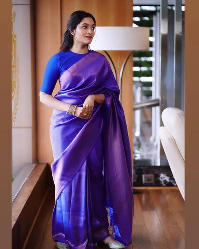 Bindu Taffy Blue Soft Banarasi Silk Saree With Blouse Attached - ABHA