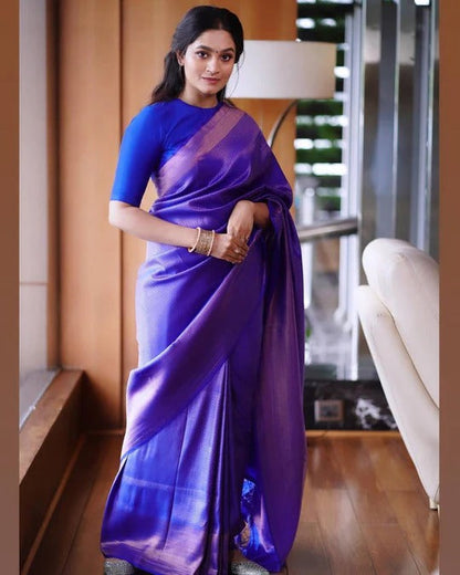 Bindu Taffy Blue Soft Banarasi Silk Saree With Blouse Attached - ABHA