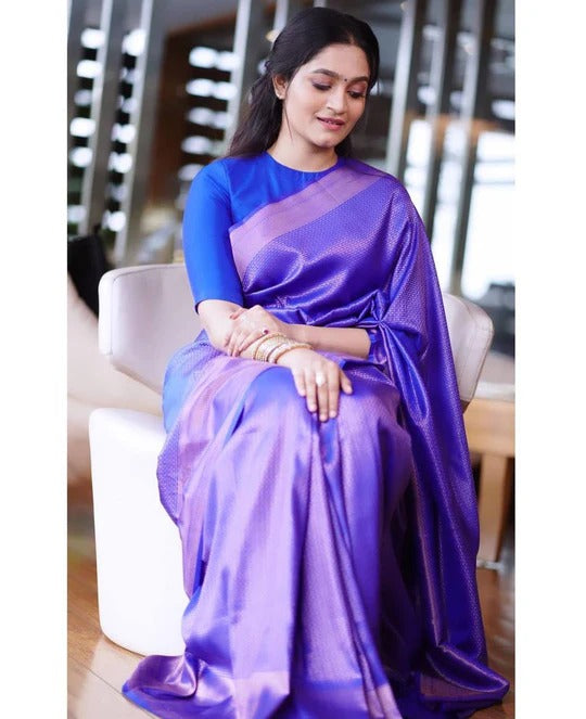Bindu Taffy Blue Soft Banarasi Silk Saree With Blouse Attached - ABHA