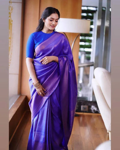 Bindu Taffy Blue Soft Banarasi Silk Saree With Blouse Attached - ABHA