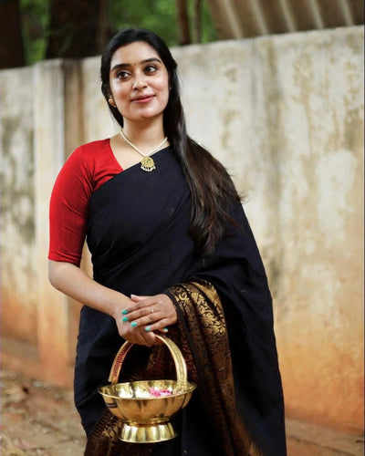 Charvika - Black Soft Silk Saree with Antique Gold Border and White Blouse