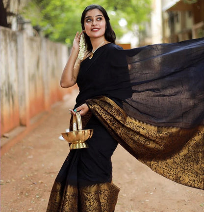 Charvika - Black Soft Silk Saree with Antique Gold Border and White Blouse