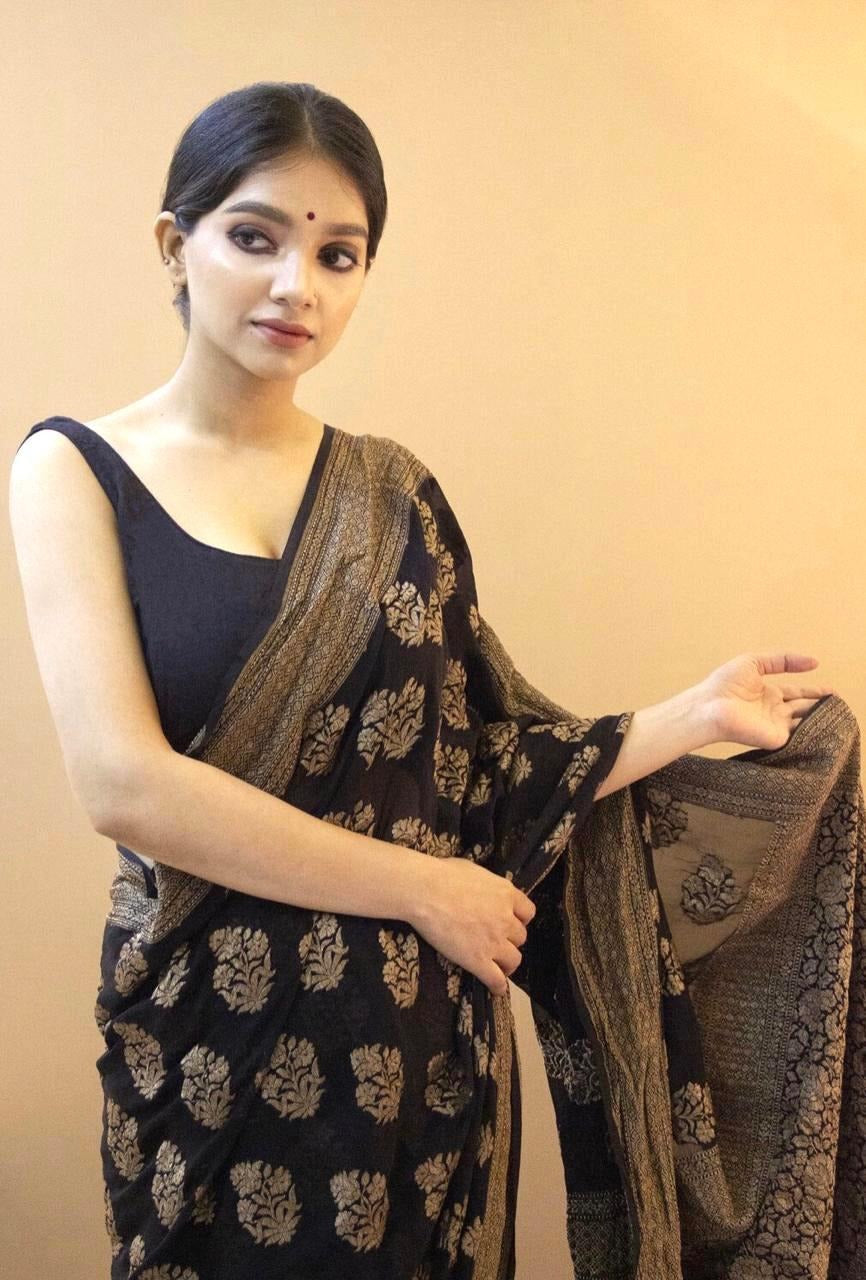 Yamika - Black Soft Silk Saree with Antique Gold Floral Weave