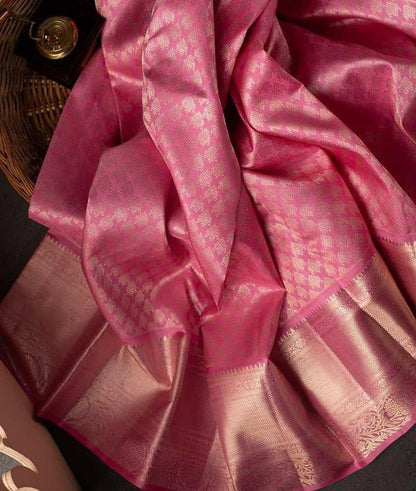 Samika - Pink Soft Silk Saree with Floral Jacquard Zari Border and Blouse Piece