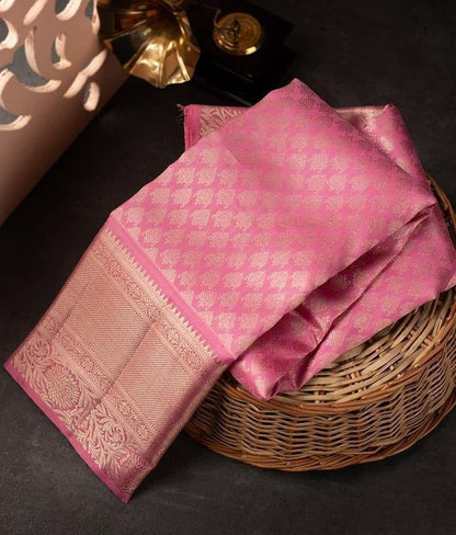 Samika - Pink Soft Silk Saree with Floral Jacquard Zari Border and Blouse Piece